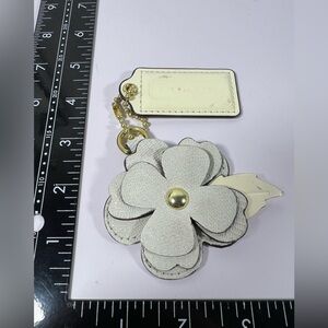 Coach Leather Flower Bag Charm Keychain White Gold Tone